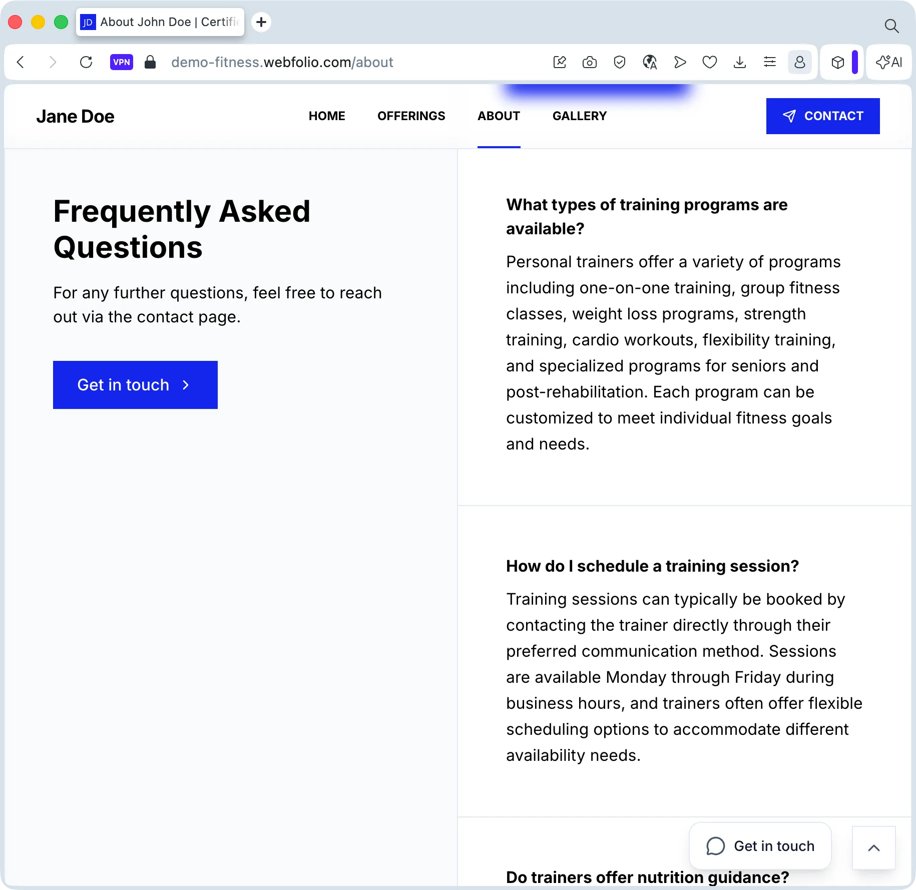 Personal trainer website FAQ section answering common client questions