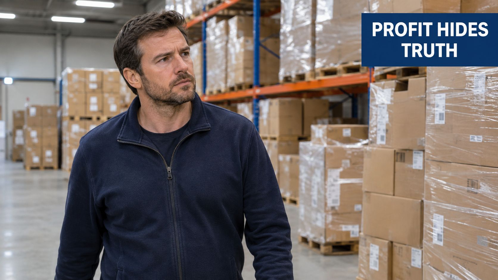 A focused man looking sideways while standing in a warehouse filled with stacks of cardboard boxes.