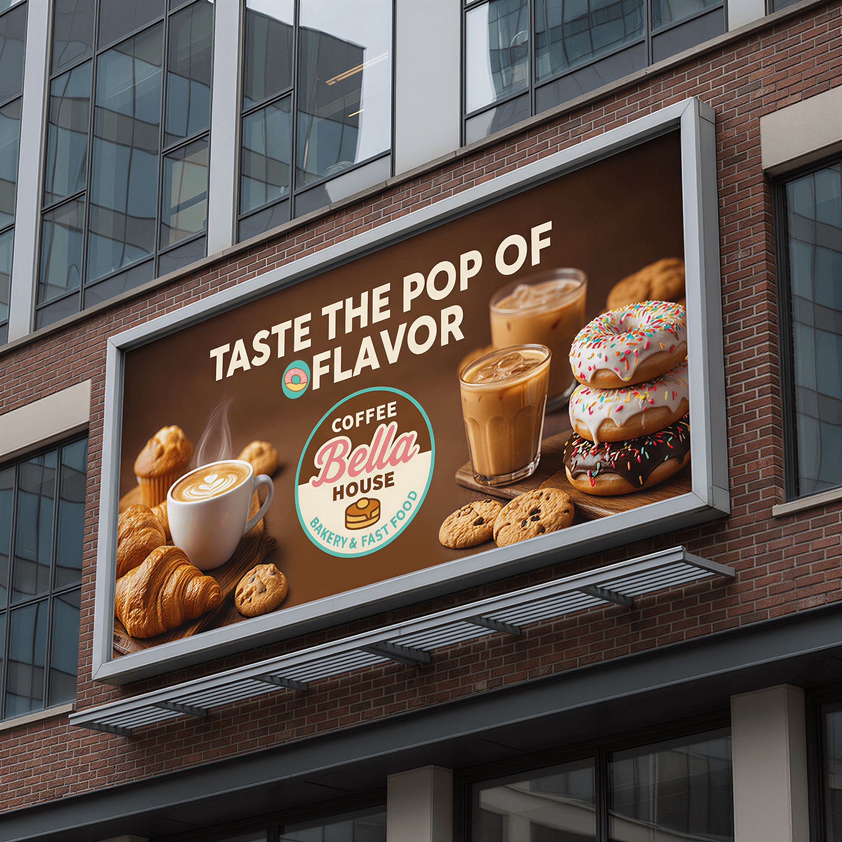 Coffe Bella House outdoor sign mockup in urban environment