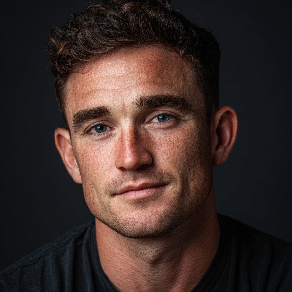 Fictional team member portrait of a man in dark blazer on dark background