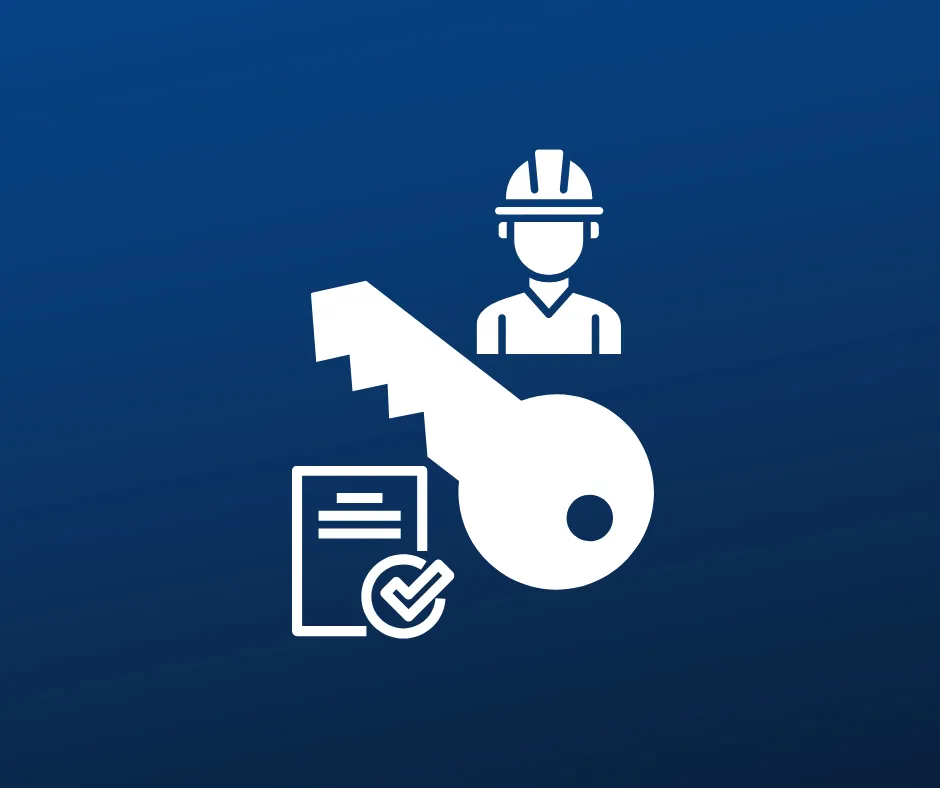Icon of a worker, key, checklist, and a checkmark, symbolizing construction services and solutions.