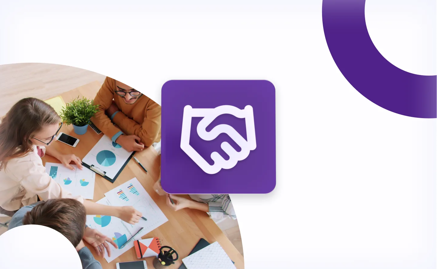 Team collaborating around a table beside a floating purple handshake icon, framed by circular viaPeople brand elements.