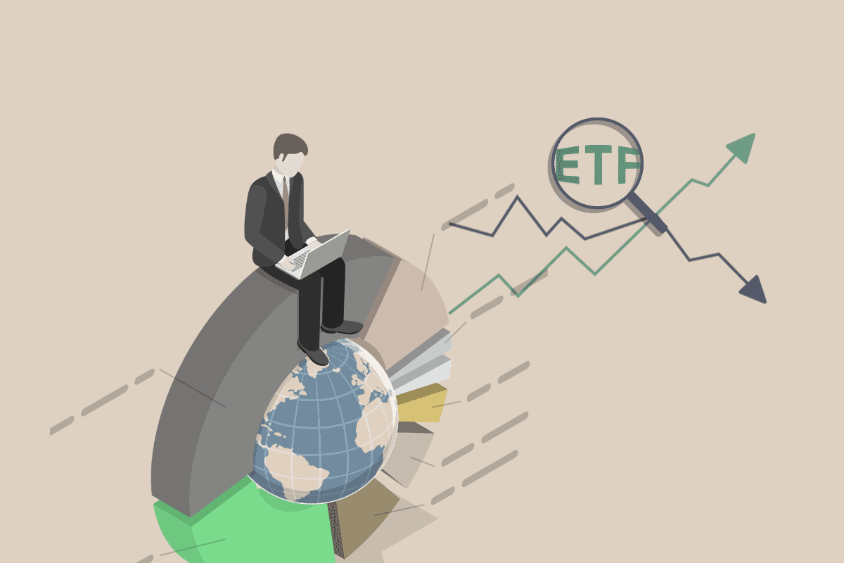 ETF: Businessman on a pie chart globe researching ETFs with a magnifying glass.