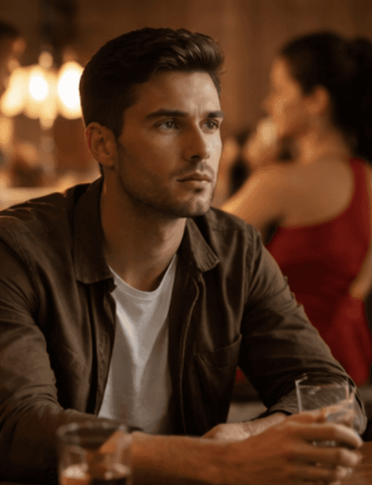 ein mann sitzt allein in einer bar und trinkt