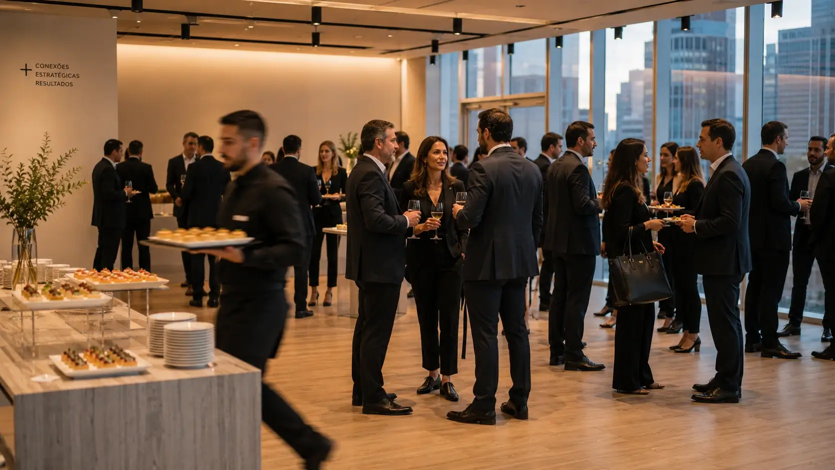 Organizar coquetel corporativo em São Paulo com convidados executivos em networking, garçom em circulação e estações de finger food ao fundo