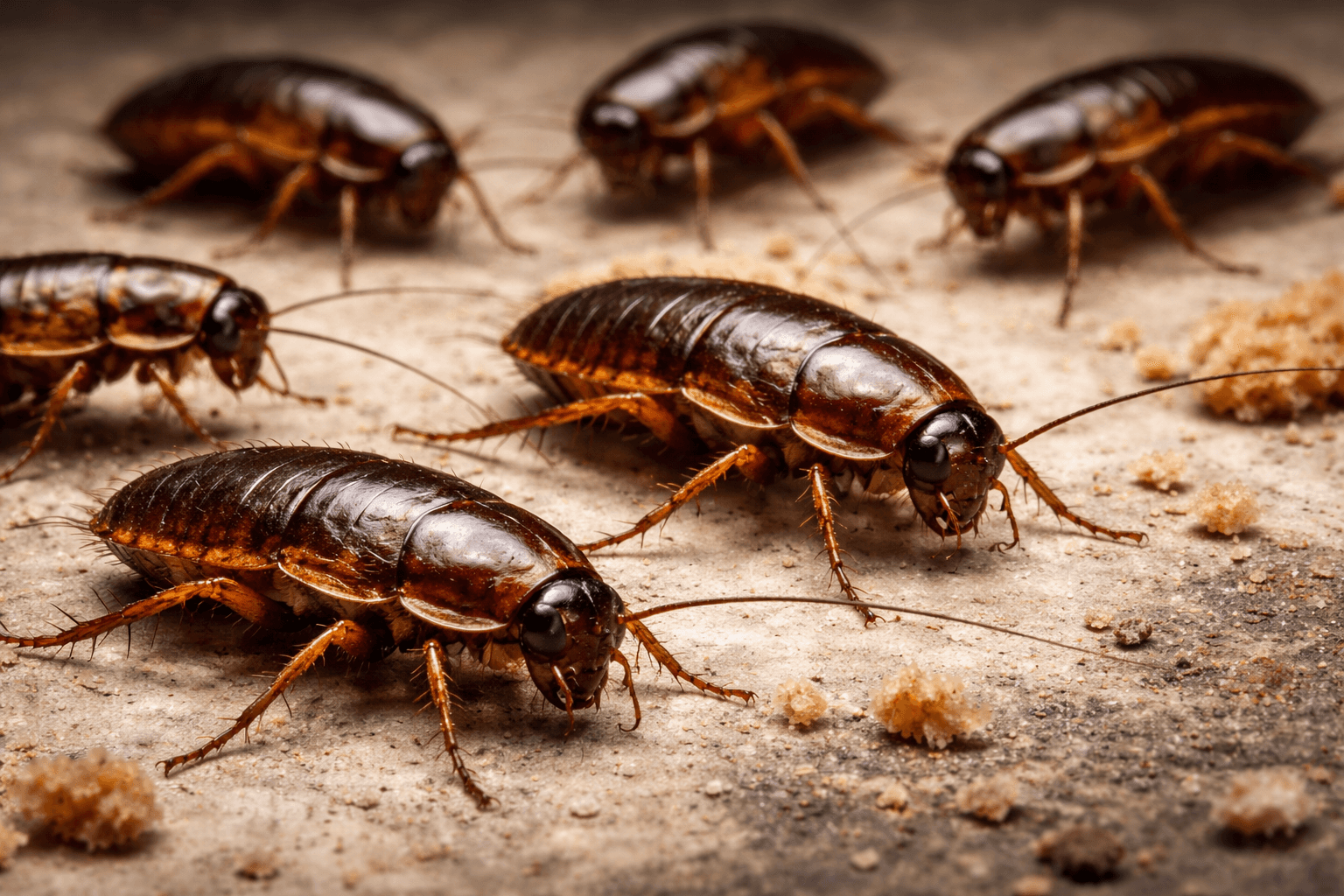 Close-up image of several cockroaches crawling on a surface in a common household roach infestation.
