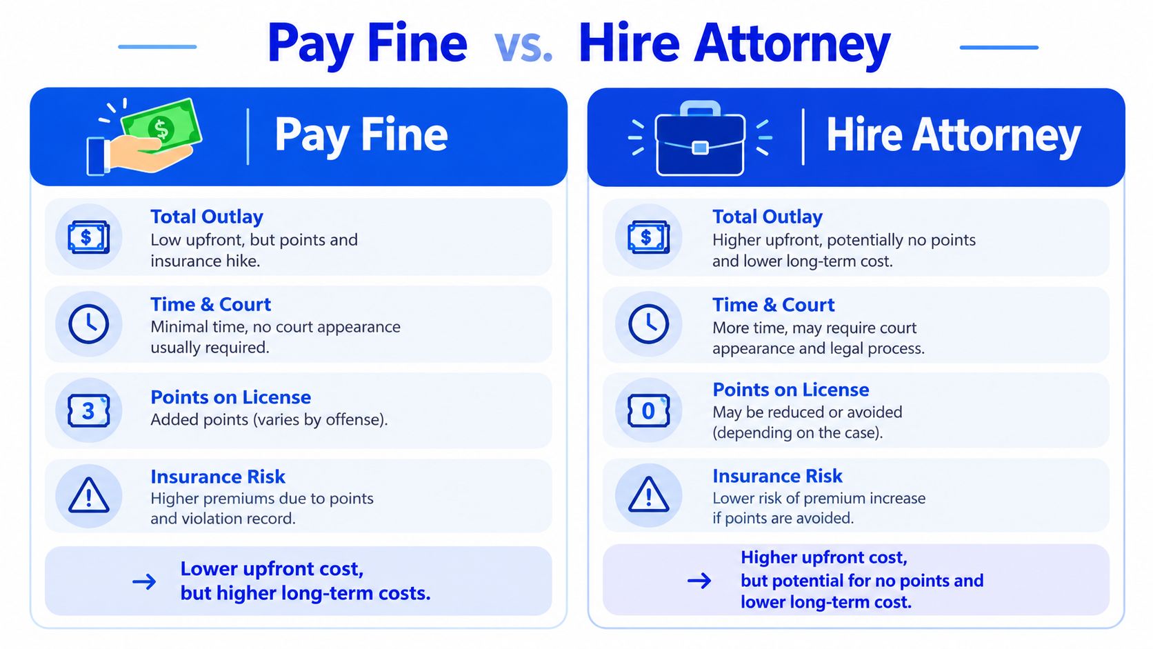 A comparison chart showing the pros and cons of paying a speeding ticket versus hiring an attorney.