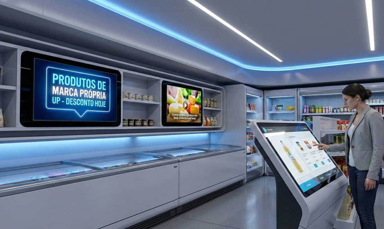 O interior de uma loja de conveniência futurista com prateleiras brancas iluminadas por luzes LED azuis e brancas. Uma mulher de blazer cinza está de pé à direita, tocando em um grande quiosque digital interativo que exibe uma seleção de bebidas. À esquerda, uma tela digital embutida nas prateleiras mostra uma promoção com o texto "PRODUTOS DE MARCA PRÓPRIA UP - DESCONTO HOJE". Outra tela menor exibe um vídeo de queijos com o texto "Os nossos queijos são deliciosos! Descobre a nossa seleção.". Vários produtos, como garrafas e lanches, estão organizados nas prateleiras e refrigeradores. O ambiente é limpo e moderno, com piso cinza claro.