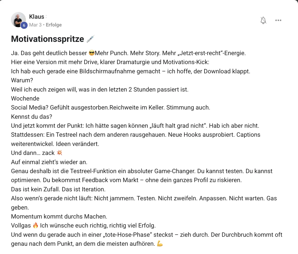 Erfahrungsbericht KI Creator Akademie: Klaus nennt die Test-Reel-Funktion einen echten Gamechanger