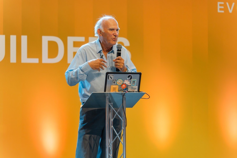 Keynote speaker Vince Cable presenting at Evolve 26 technology conference in Brighton Centre