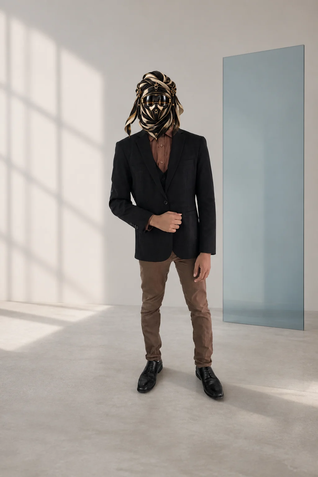Full-length view of Tobacco Morning, a black blazer worn with tobacco-brown trousers, an oxblood shirt and black dress shoes, with the official Marzelest face covering.