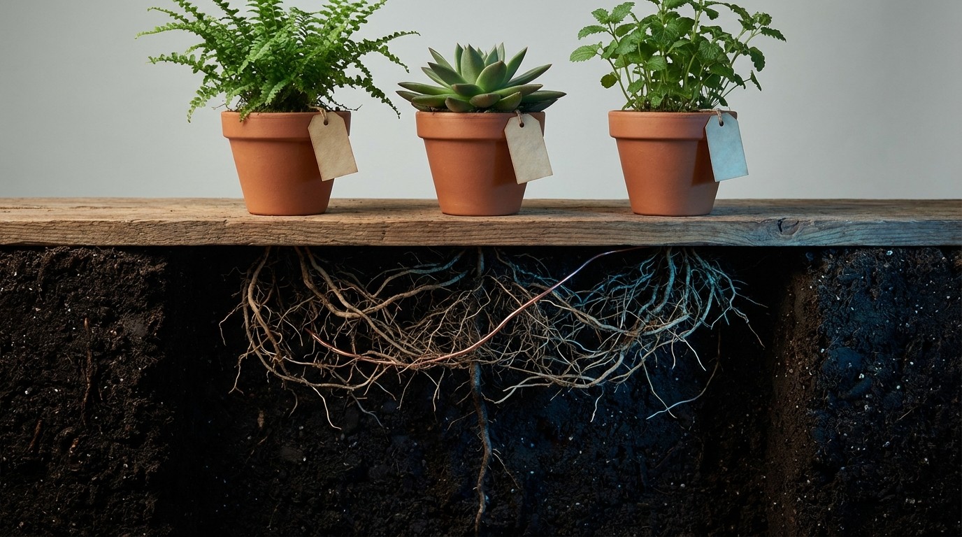 Three separate potted plants on a shelf above, with their roots visibly growing together into a single tangled root mass beneath.