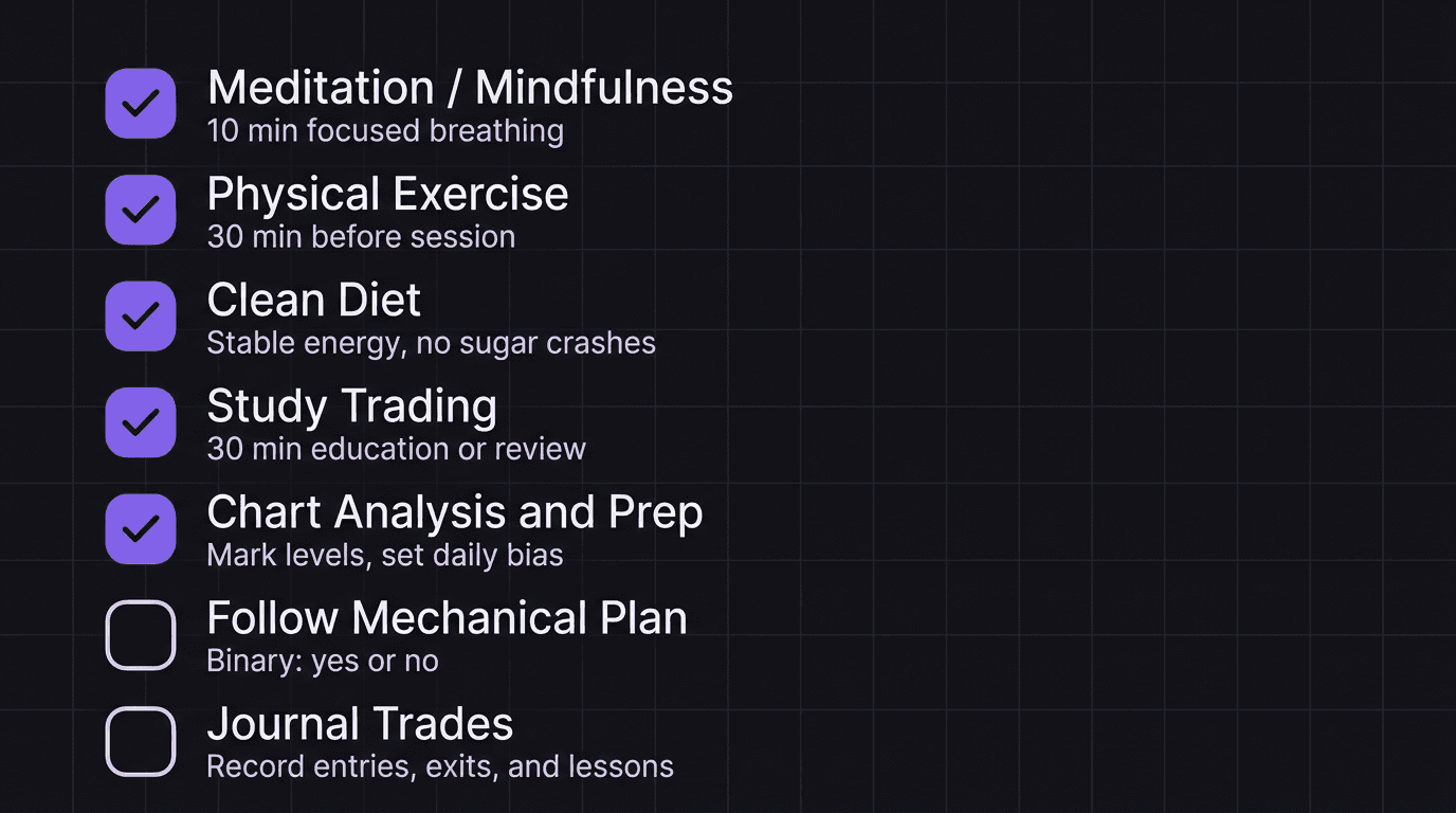 Checklist of seven daily trading habits: meditation, exercise, clean diet, study, chart analysis, follow plan, and journal trades