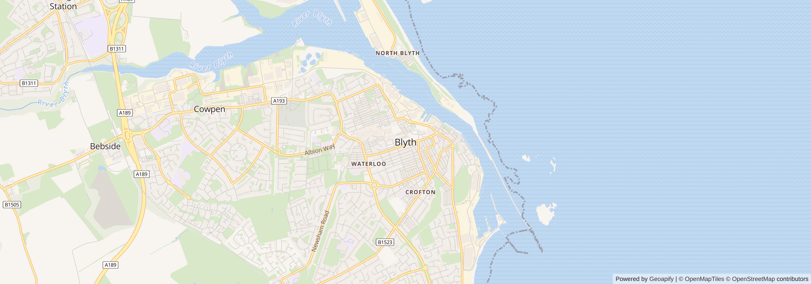 Street map of Blyth, Northumberland showing main roads and nearby areas