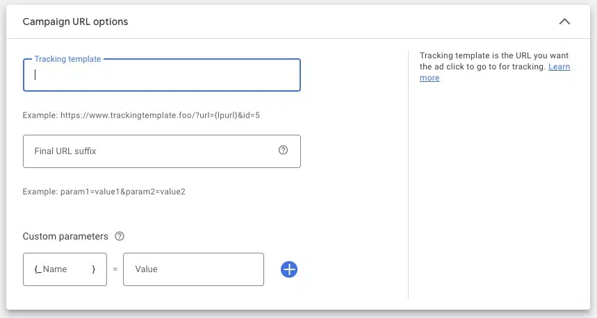 Screenshot Google Performance Max. Settings for campaign URLs