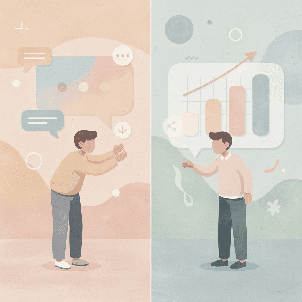 Split scene illustration contrasting surface-level review metrics with deeper operational factors