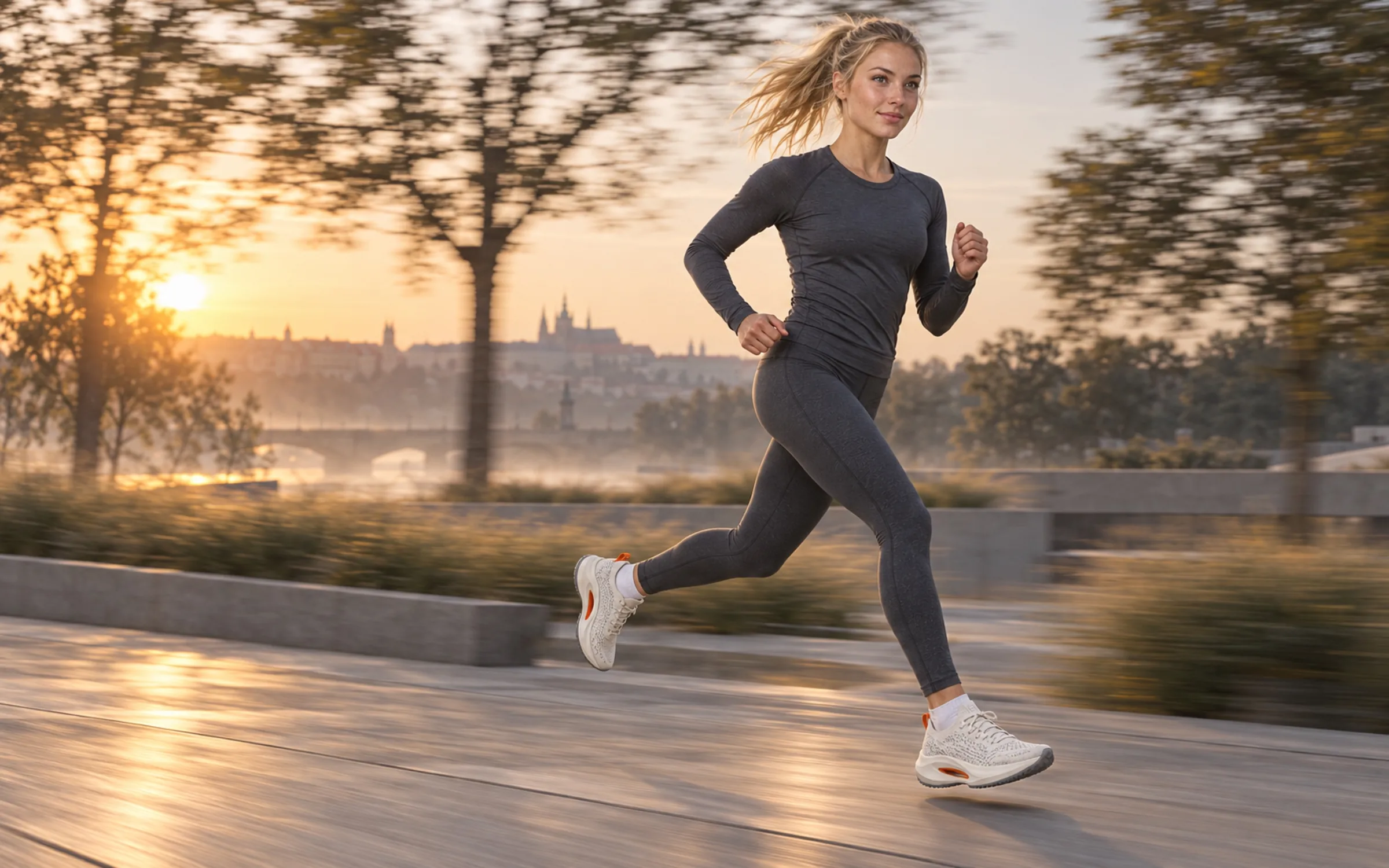 A runner in Tempo One at dawn in a city park