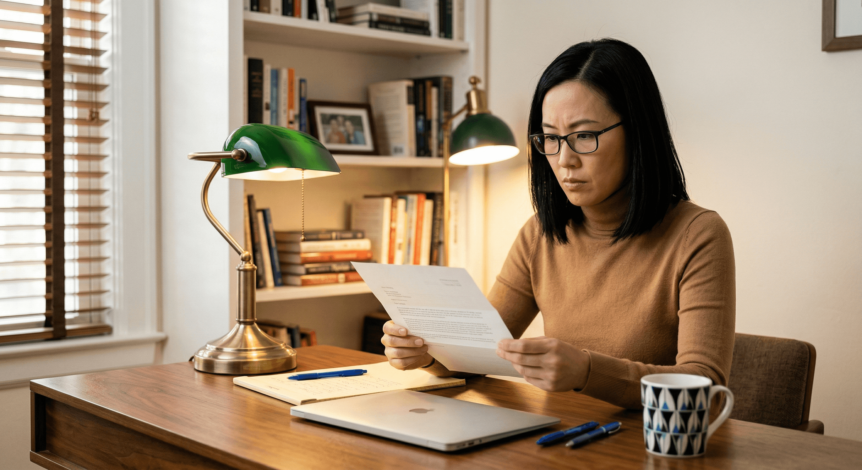 Employee reviewing a denied ADA accommodation letter at a home desk, preparing to push back on the decision