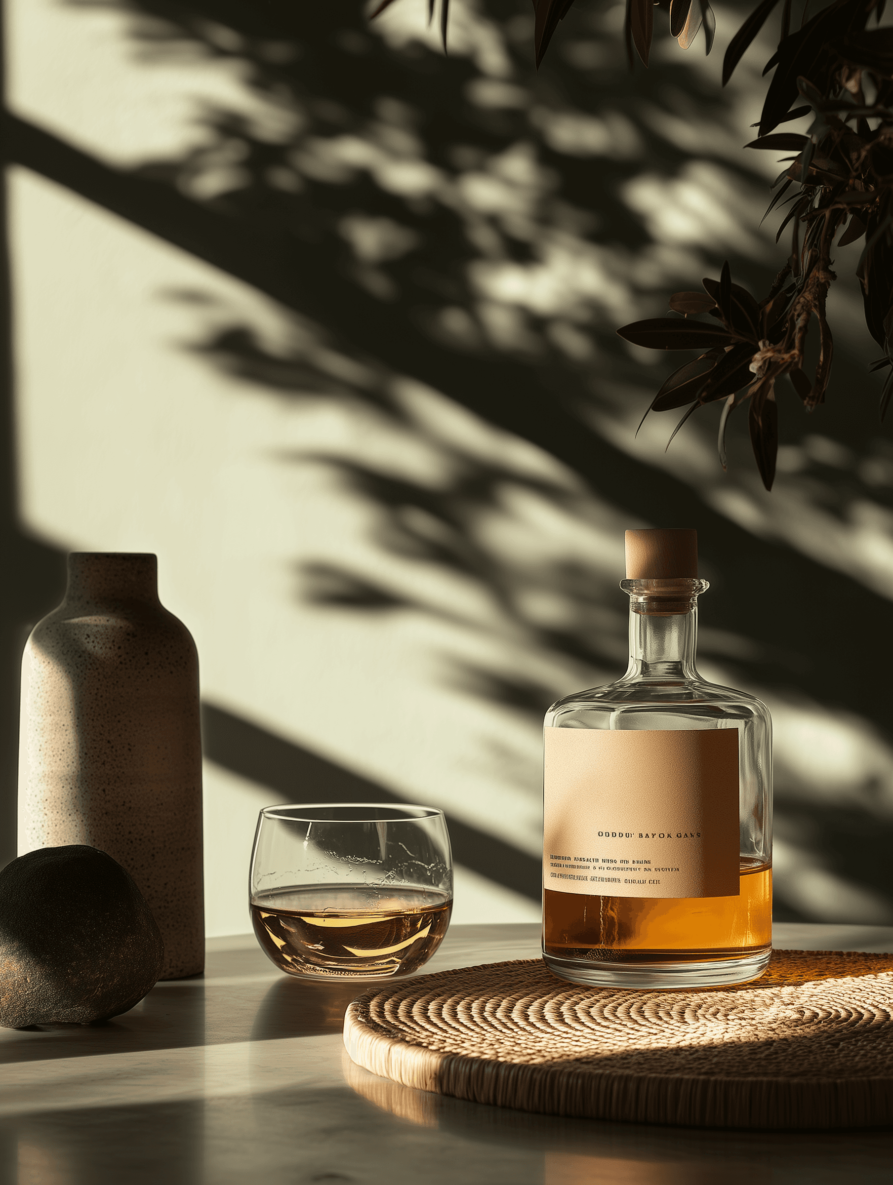 Minimalist whiskey setup with a bottle, glass, and ceramic cup on a sunlit table, surrounded by lush greenery and soft shadows.