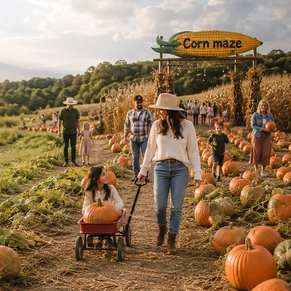 a mom pulling her girl child in a red wagon in a pumpkin patch with a corn maze sign in the background