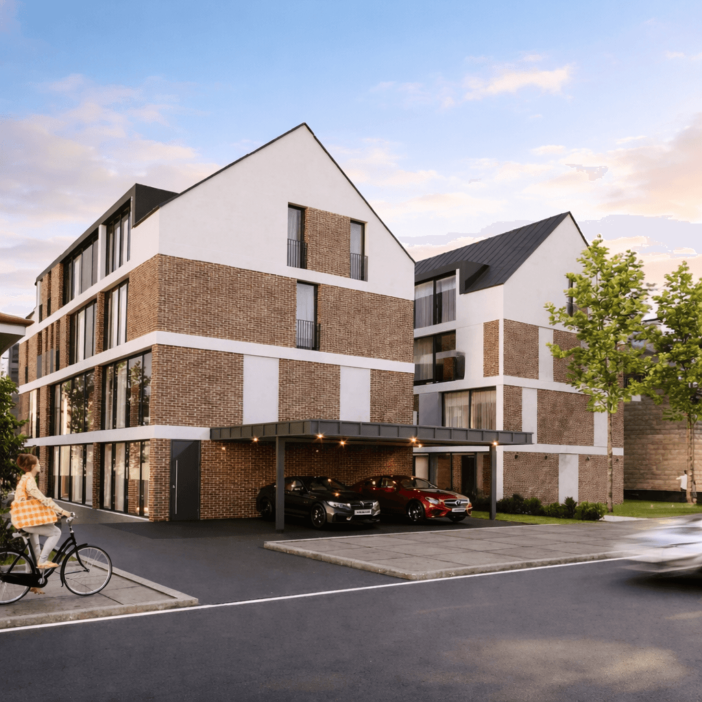 Moderne Architektur des Neubauprojekts Bahnhofstraße 31 in Remshalden-Grunbach. Hochwertige Fassade mit weißem Putz und Klinkersteinen in der Ansicht von der Haupstraße aus mit Carport am Haus unter dem zwei PKW stehen.