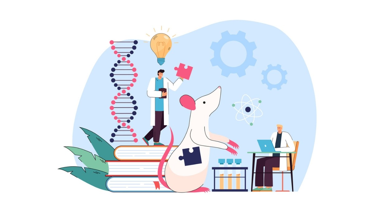 Illustration of scientists working with a laboratory mouse, DNA strand, and research tools