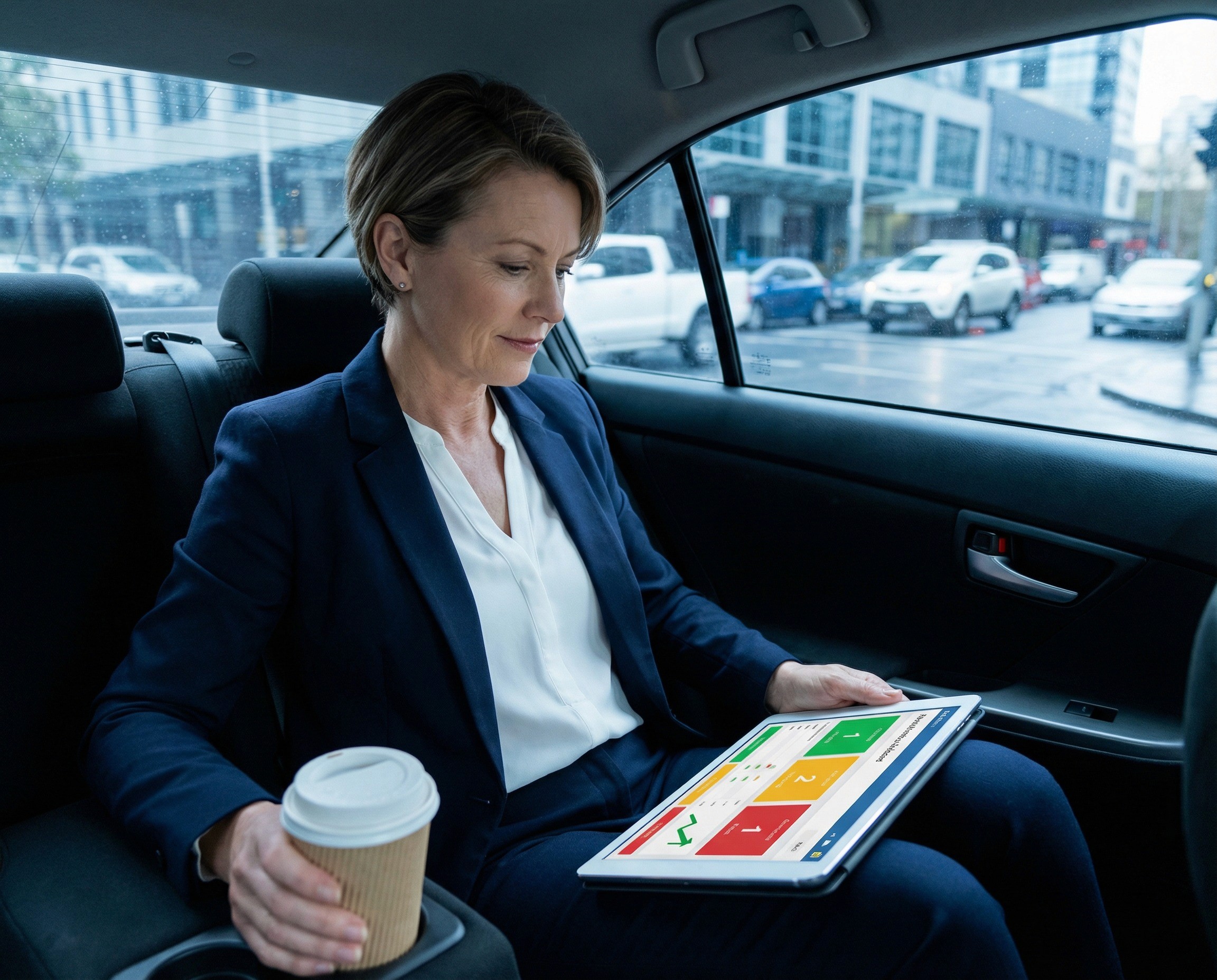 A CEO in her early 50s sitting in the back seat of a car — a rideshare or a chauffeured vehicle — during a morning commute, reviewing a single-page governance summary on a tablet propped against her knee. The summary shows a structured executive report with three or four key metrics, a trend indicator, and a RAG status row — visible in layout and colour but not legible. She is scanning it quickly, one hand holding the tablet, the other holding a takeaway coffee from the cup holder. Through the car window, blurred city streets and morning traffic are visible.