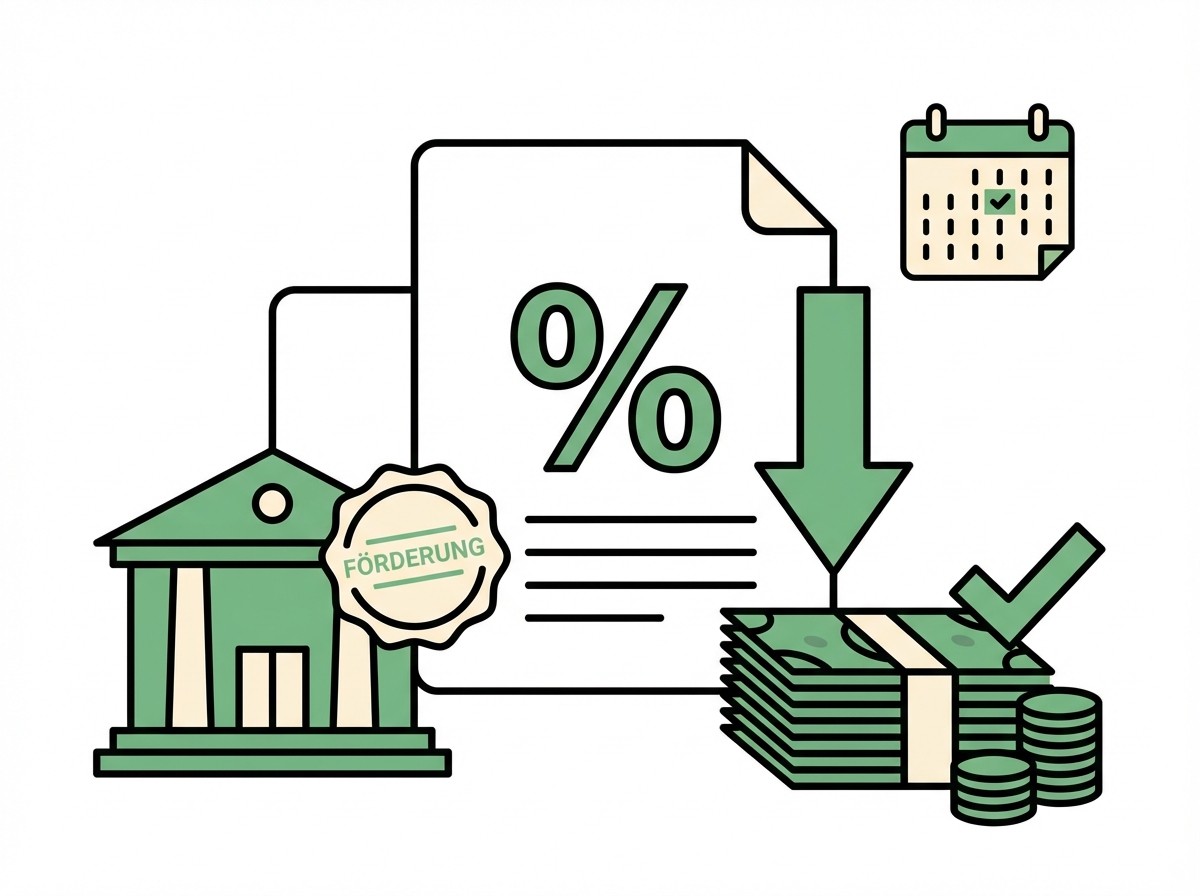 Grafik zu Bankförderung: Gebäude, Geld, Kalender und Dokument mit Prozentzeichen und Siegel "Förderung".