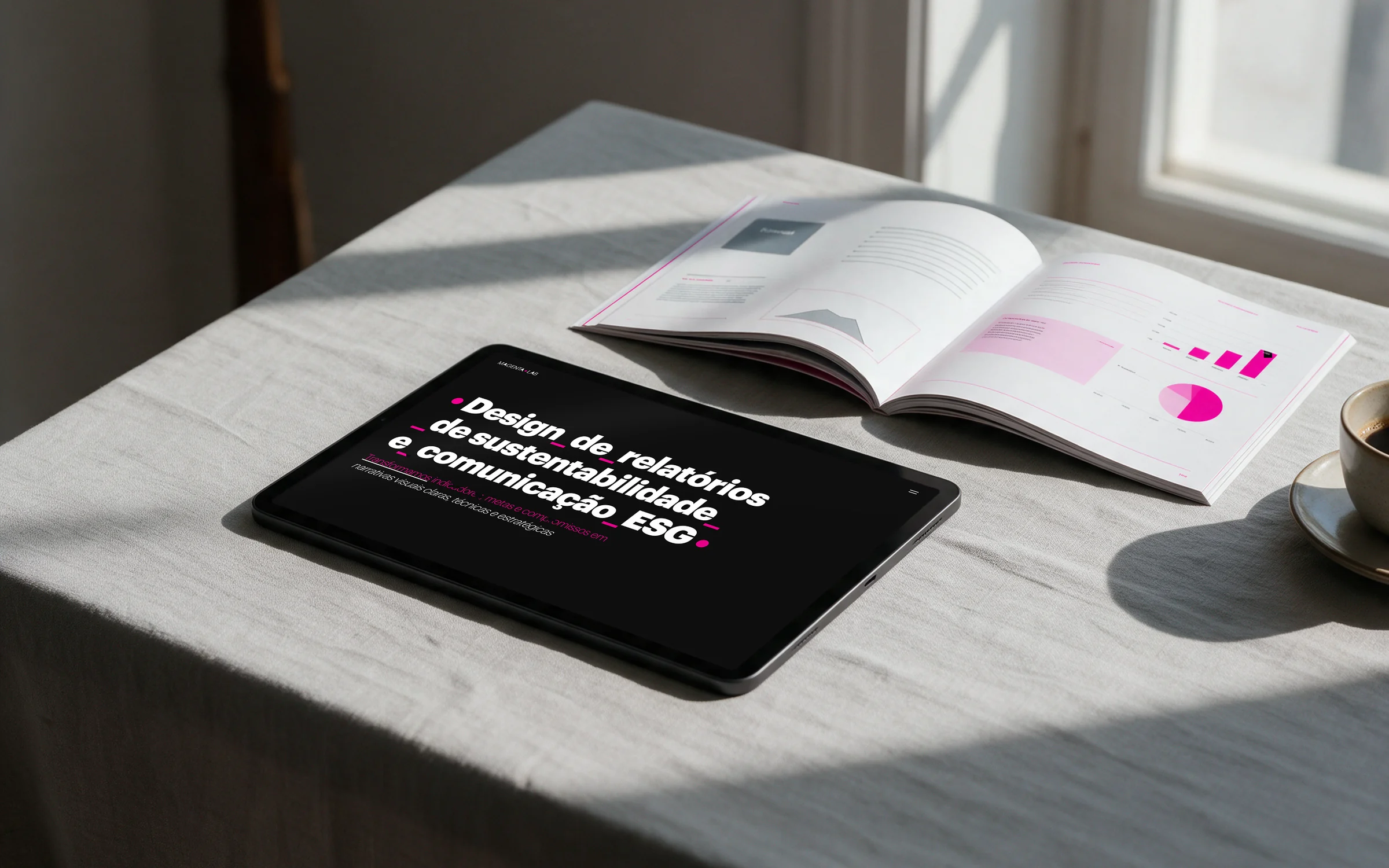 Página inicial do site da Magenta Lab num tablet sobre uma mesa, ao lado de um relatório impresso