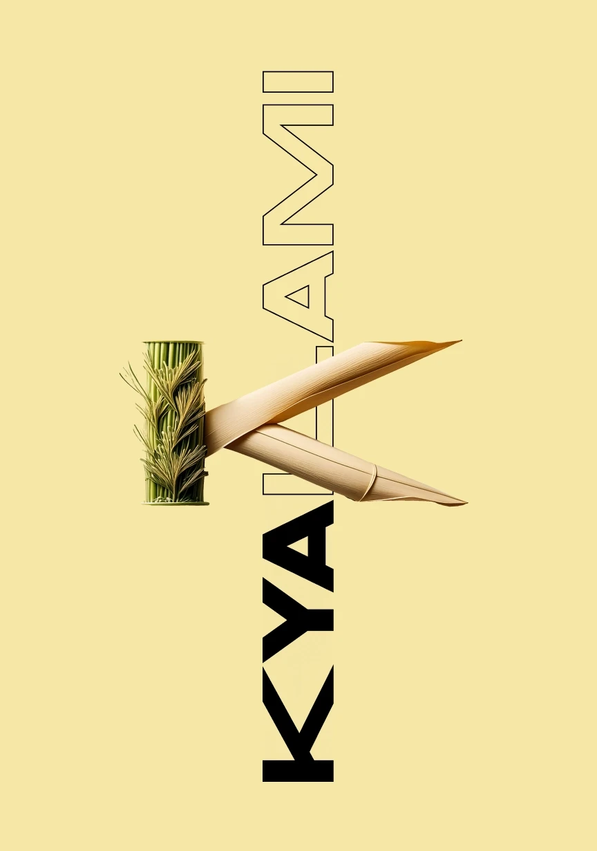3D letter ‘K’ made of bamboo and wooden elements on a yellow background with vertical text reading ‘Kyalami.’