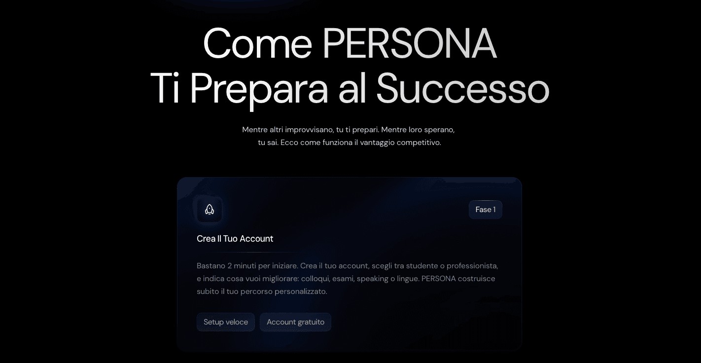 Sezione “Come funziona” – interfacce chiare, tono motivazionale e struttura in fasi. L’obiettivo è far percepire semplicità d’uso e immediatezza