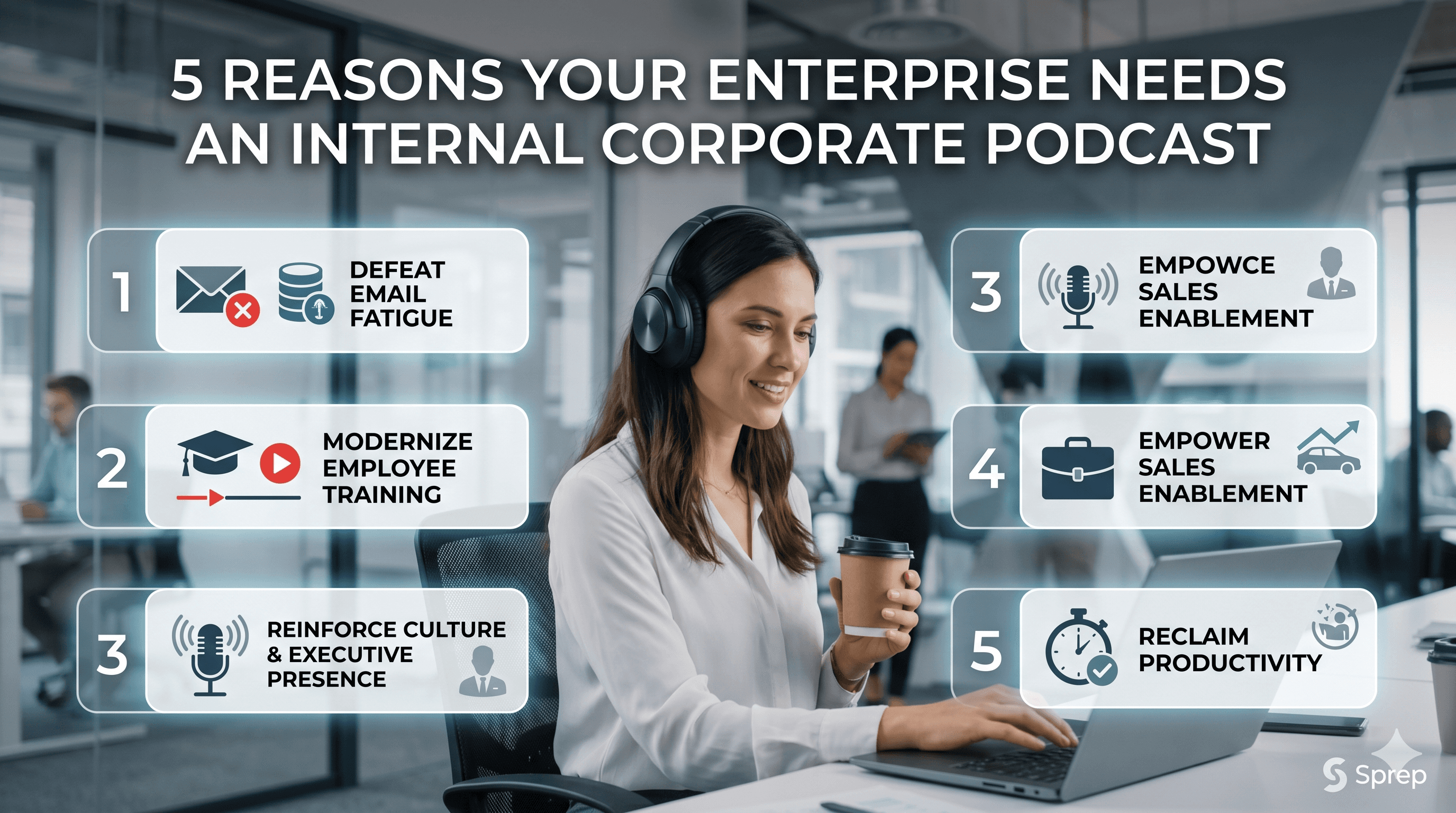 Professional listening to an internal corporate podcast on headphones while working.