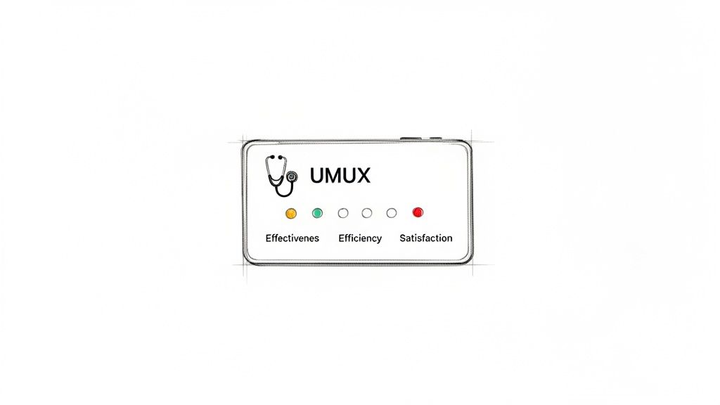 A schematic device screen shows 'UMUX' with a stethoscope icon, rating effectiveness, efficiency, and satisfaction.