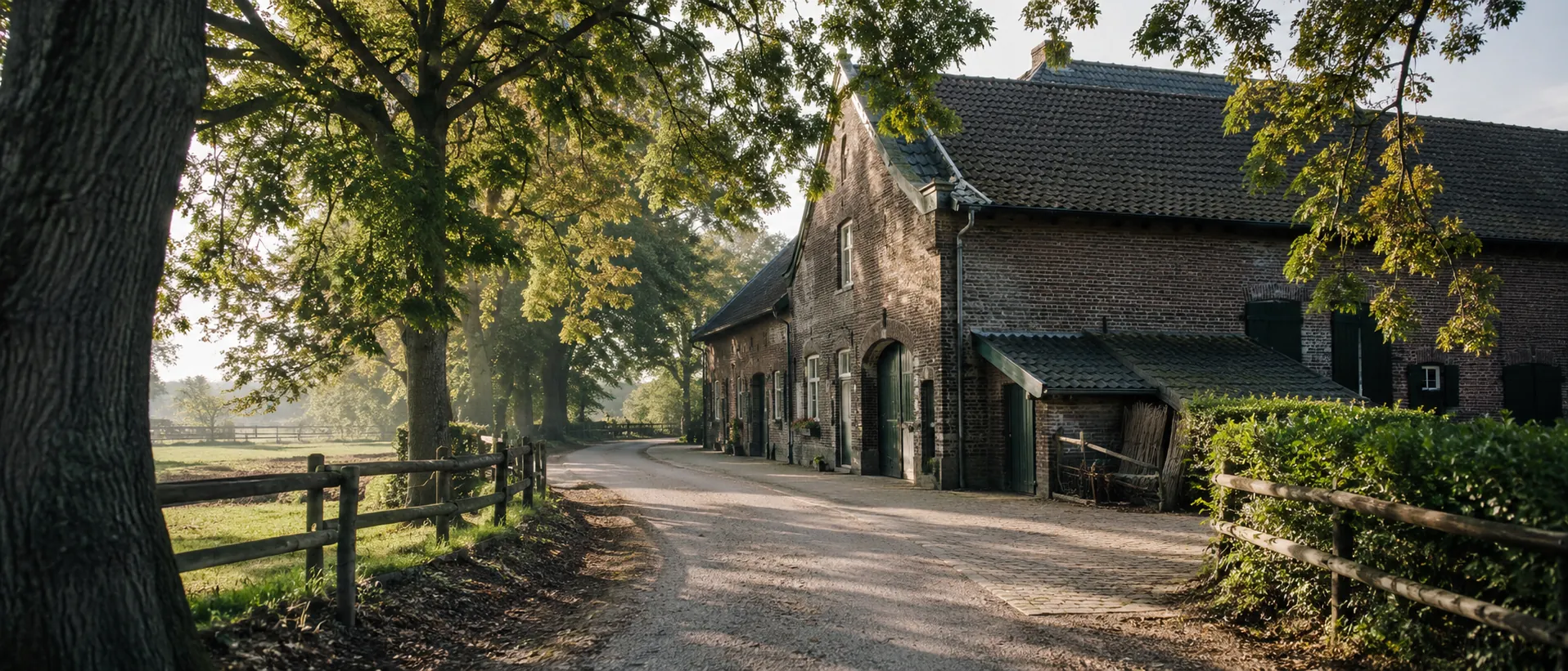 Heller Landweg in Nordrhein-Westfalen mit Backsteinhof, Eichen und ländlicher Umgebung