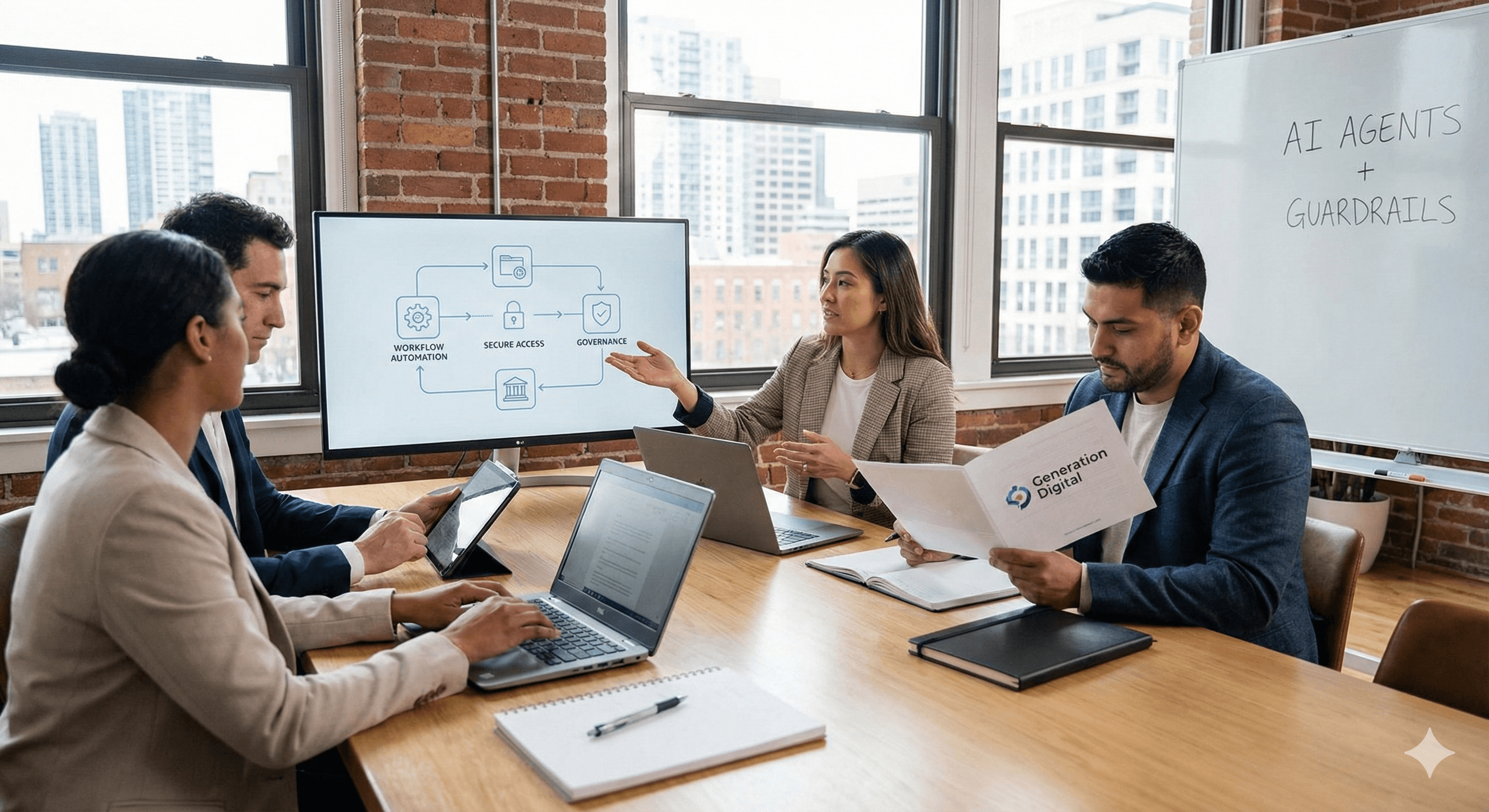 A group of four professionals sit around a wooden conference table with laptops and documents, discussing a digital diagram on a large screen and a whiteboard reading "AI Agents + Guardrails," with a cityscape visible through the window, highlighting innovation and collaboration in AI technology.