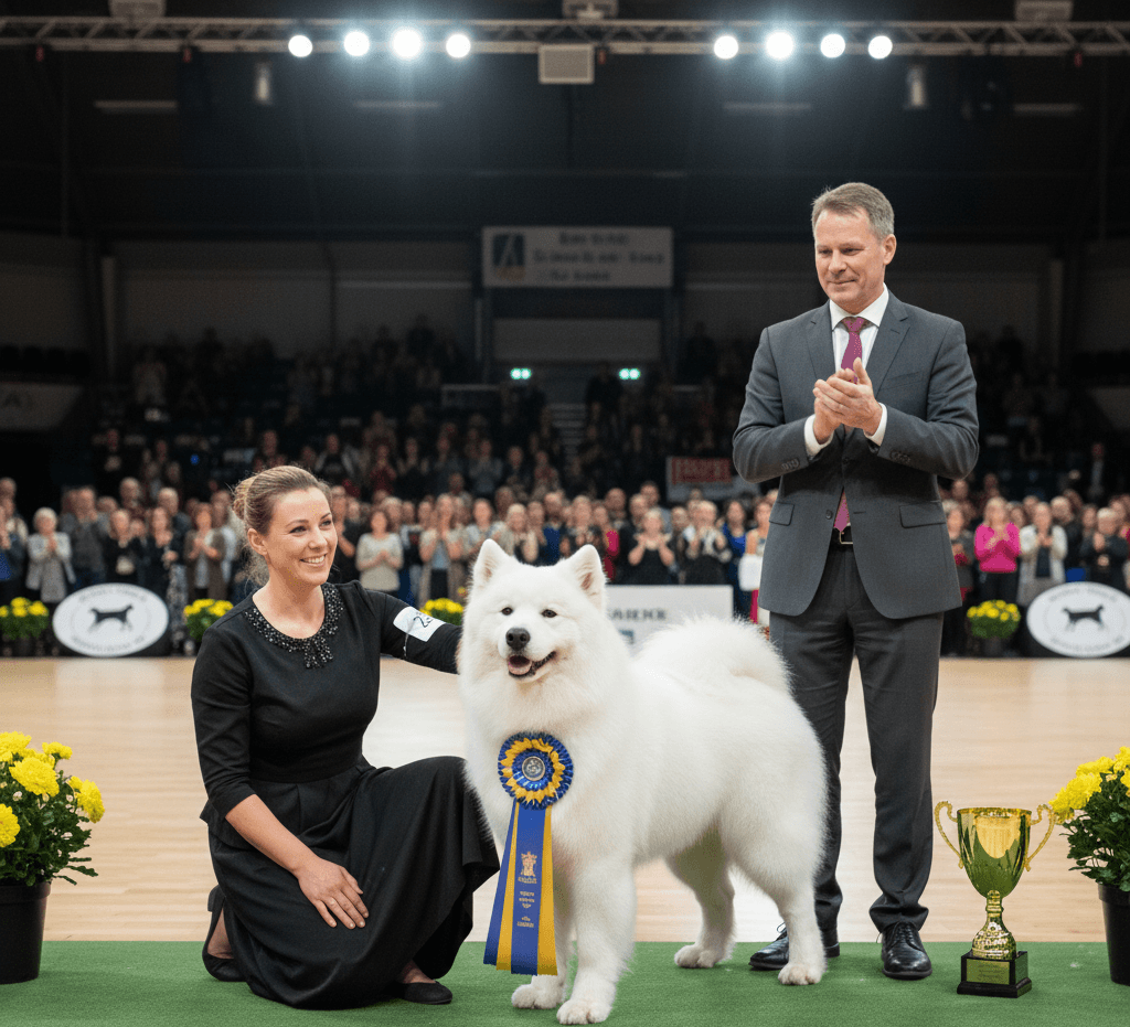 A white dog in a dog show event