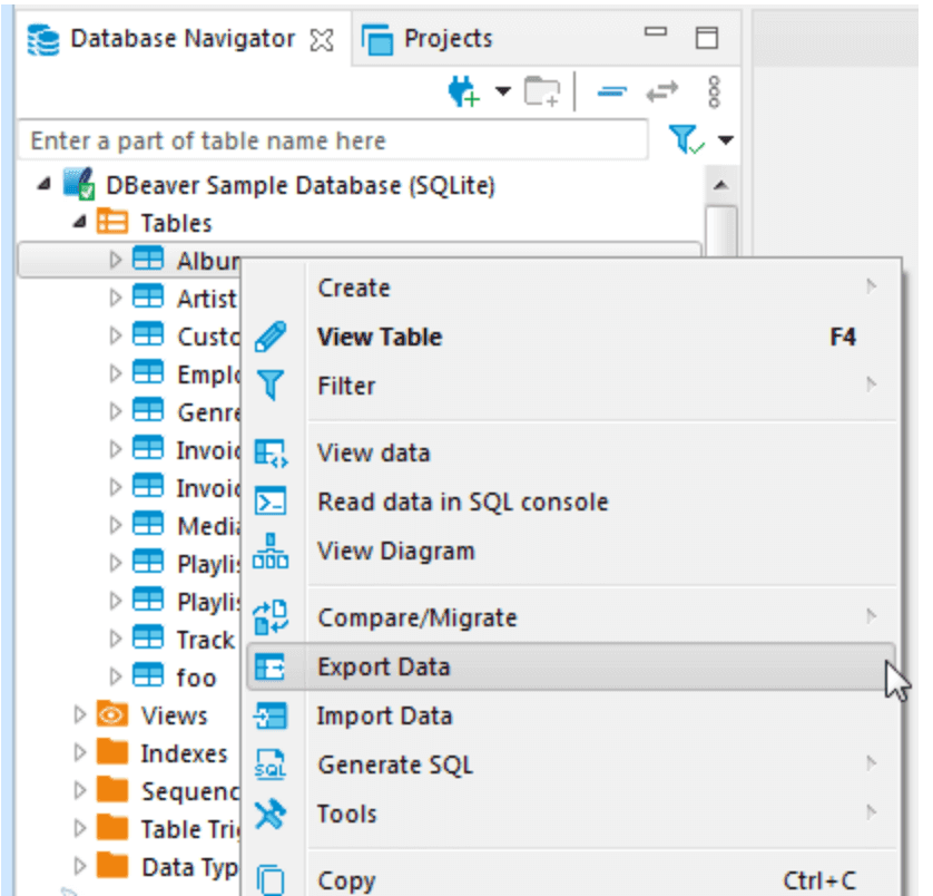 The dBeaver data export.