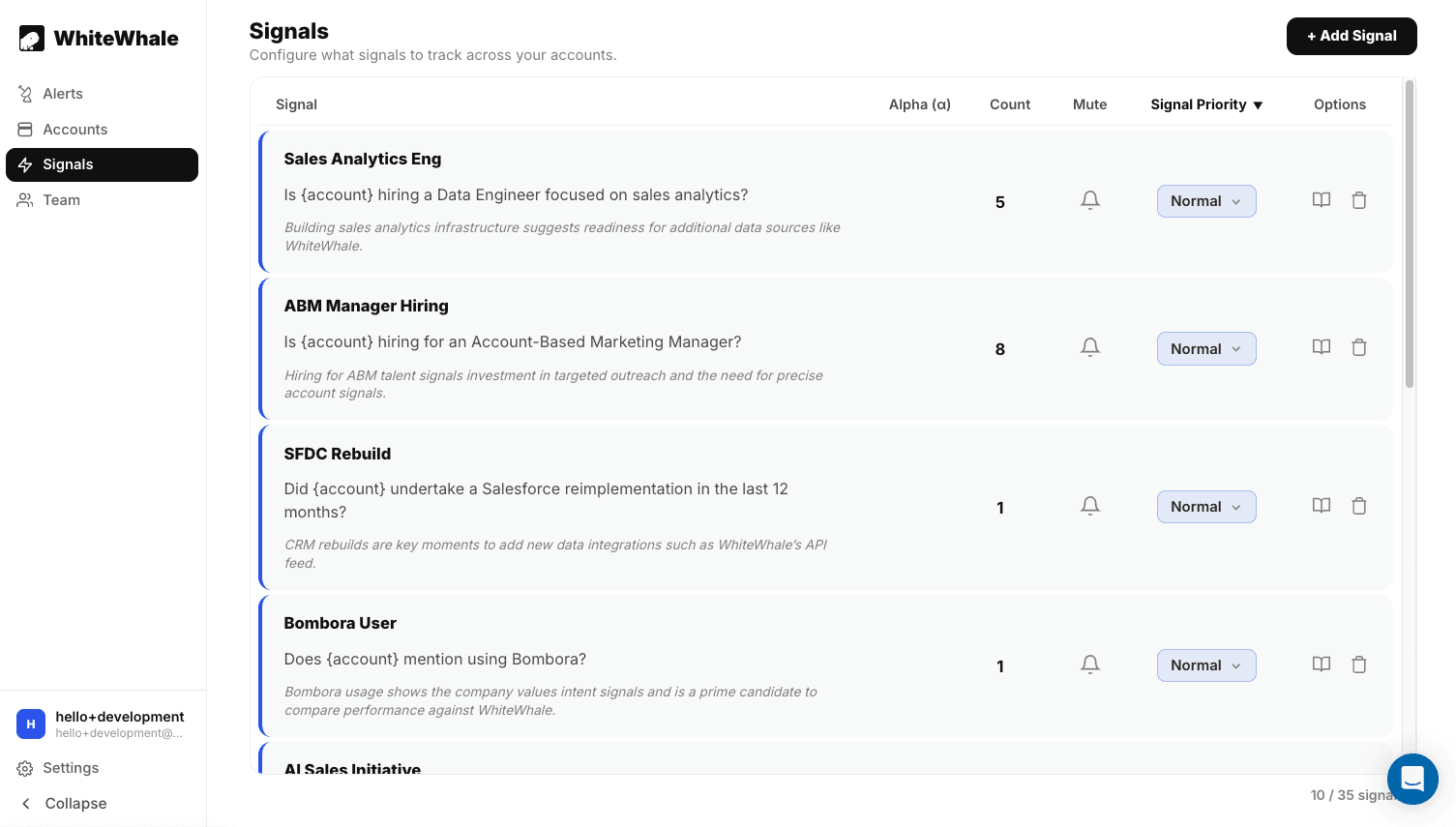 custom buying signals in whitewhale