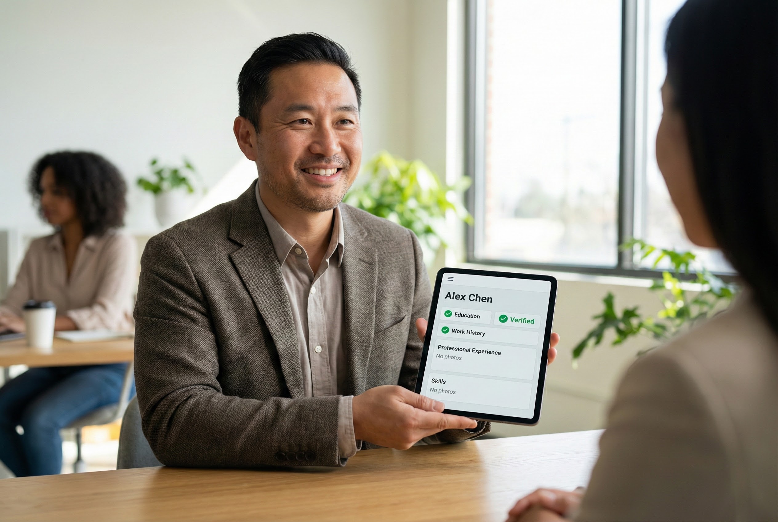 Person zeigt auf einem Tablet die verifizierten Ergebnisse eines DSGVO-konformen Pre-Employment Checks