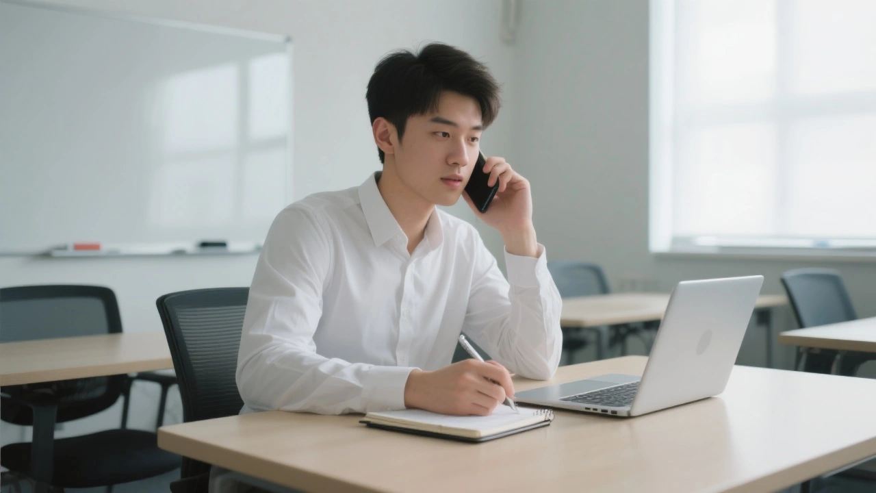 Jeune homme en chemise blanche parle au téléphone et rédige proposition à un bureau avec PC portable et bloc-notes en