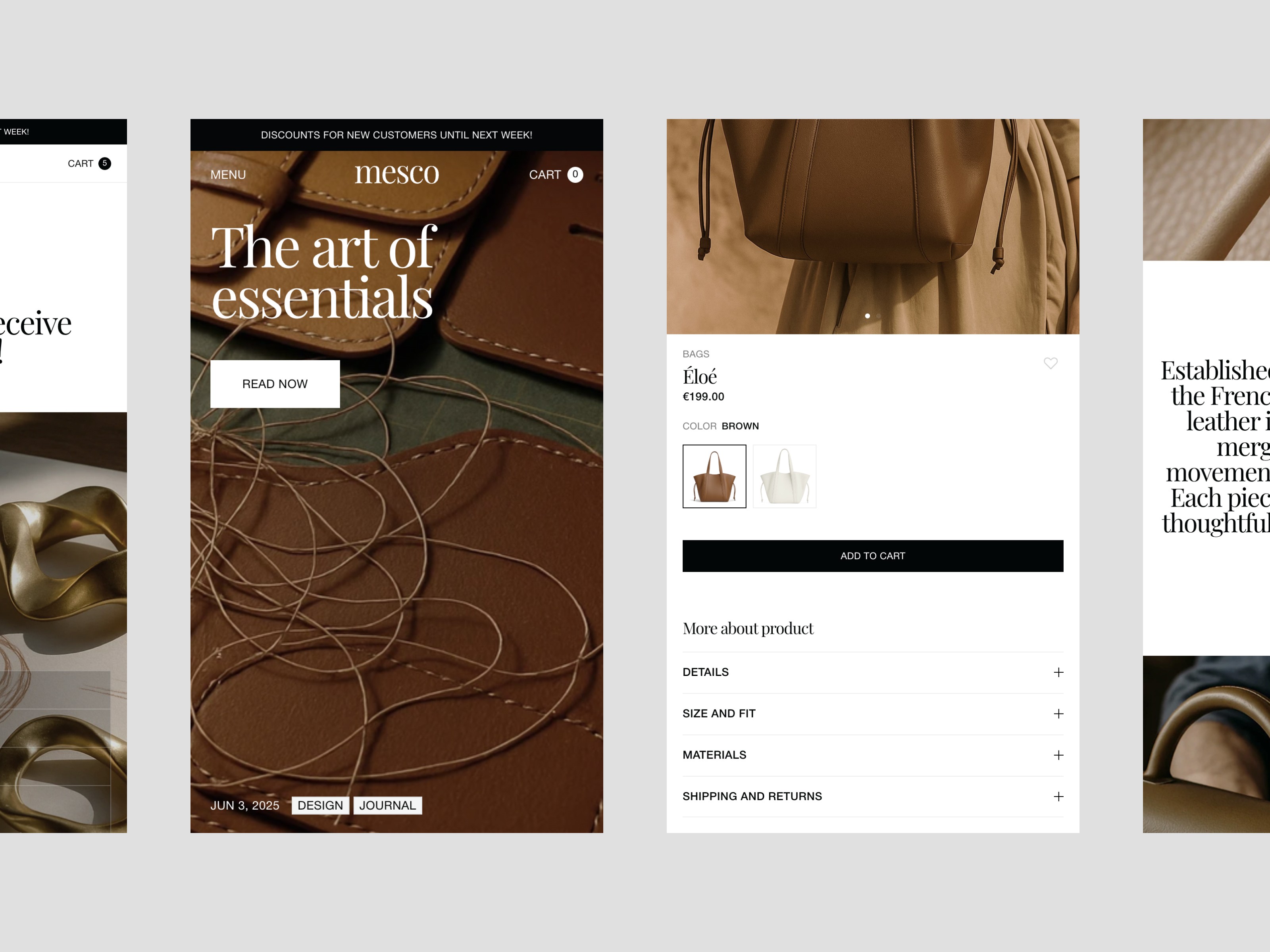 Mobile views of the Mesco accessories template showing a hero page with "The art of essentials" headline over leather craft imagery, an Éloé bag product detail page priced at €199 with color swatches and add to cart button, and a brand story page