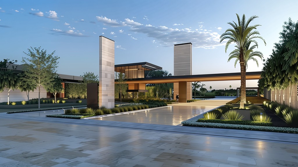 The inviting pool area of the Grand Polo Club and Resort villa in Dubai, showcasing luxury amenities and beautiful views.