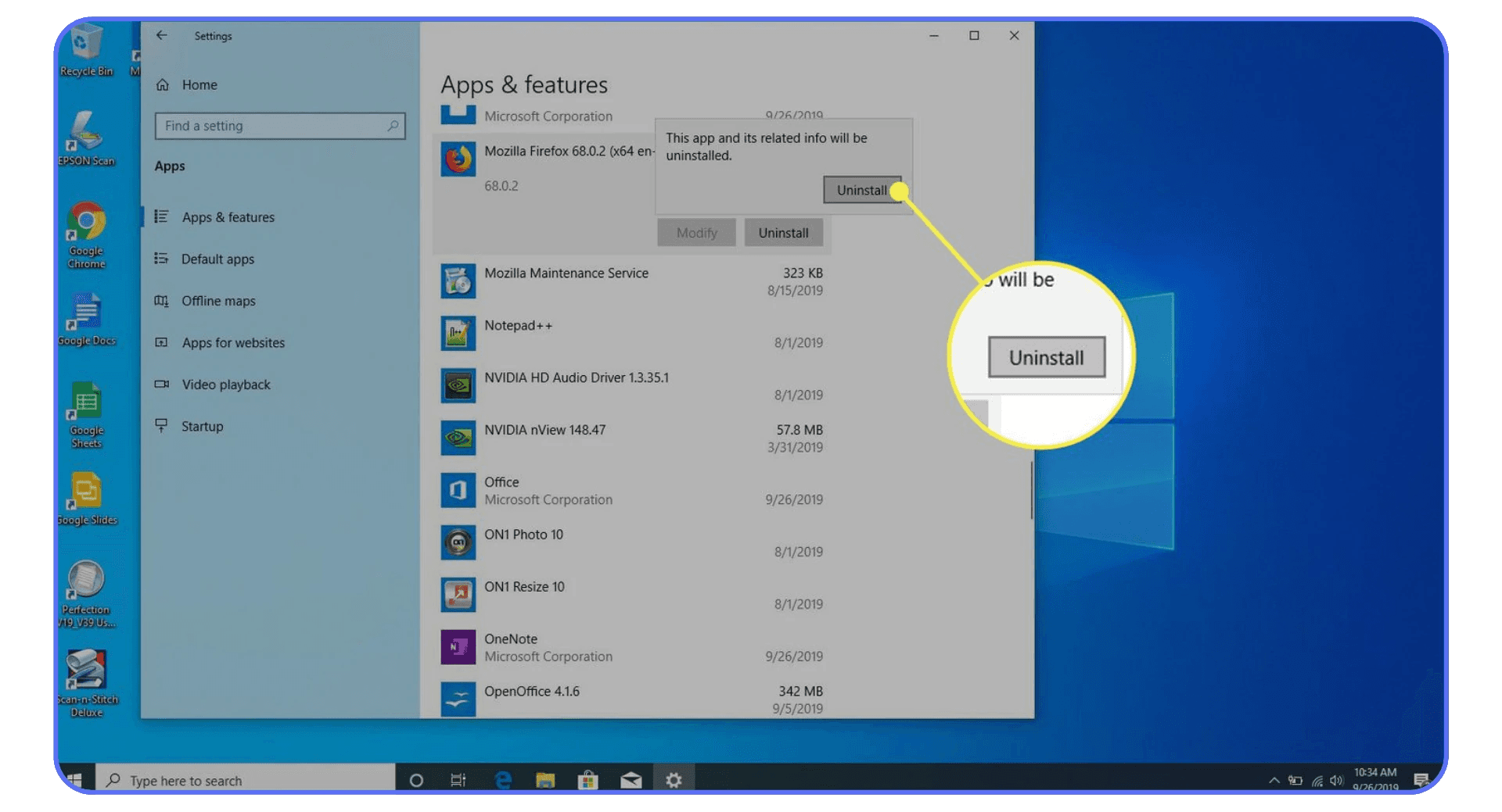 Windows “Apps & features” window showing uninstallation of Mozilla Firefox with a highlighted “Uninstall” button.