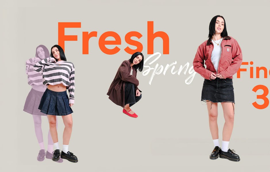 Young women in modern fit with the words "fresh spring" around them