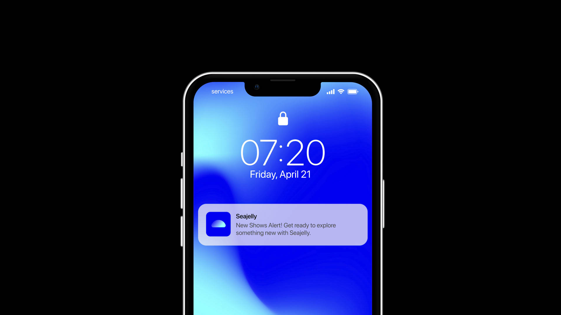 A smartphone displays a lock screen showing the time 07:20 on Friday, April 21. The screen also shows a notification from Seajelly: “New Shows Alert! Get ready to explore something new with Seajelly.”