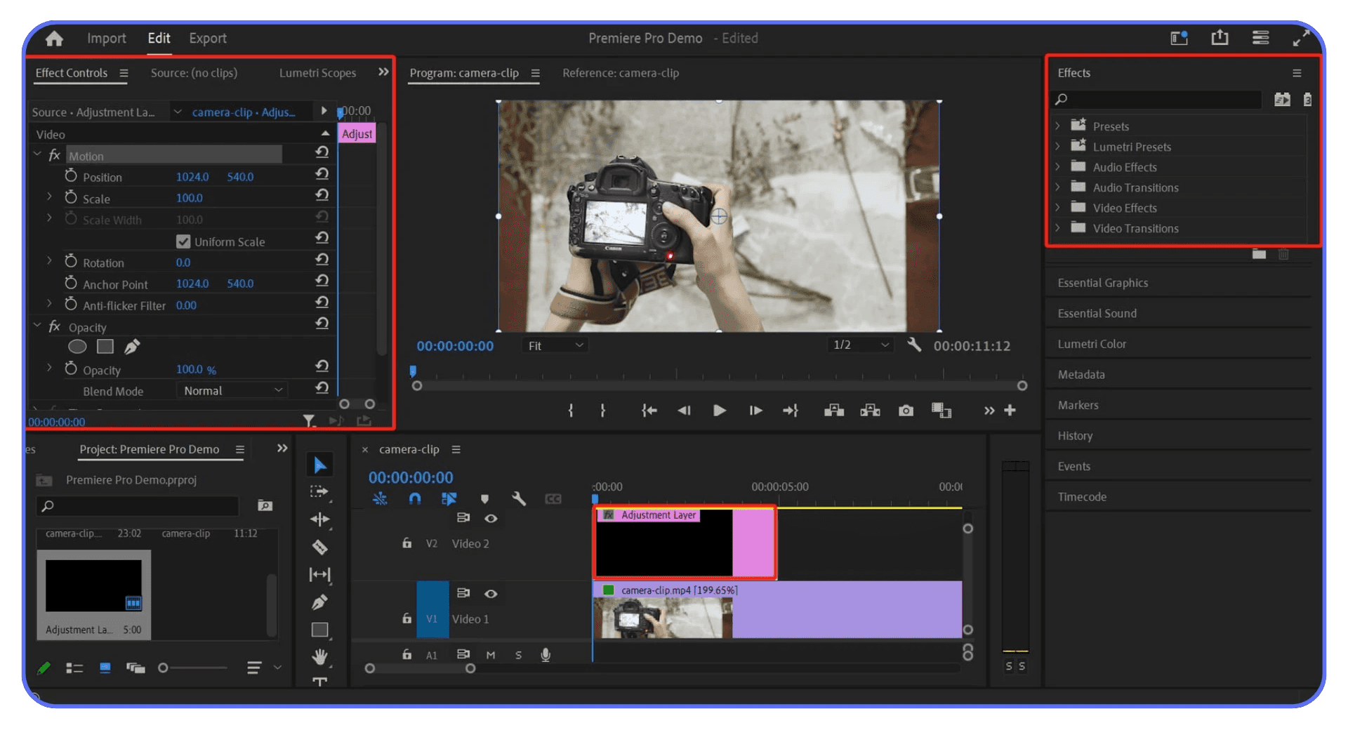 Adobe Premiere Pro timeline with adjustment layer and effects panel open