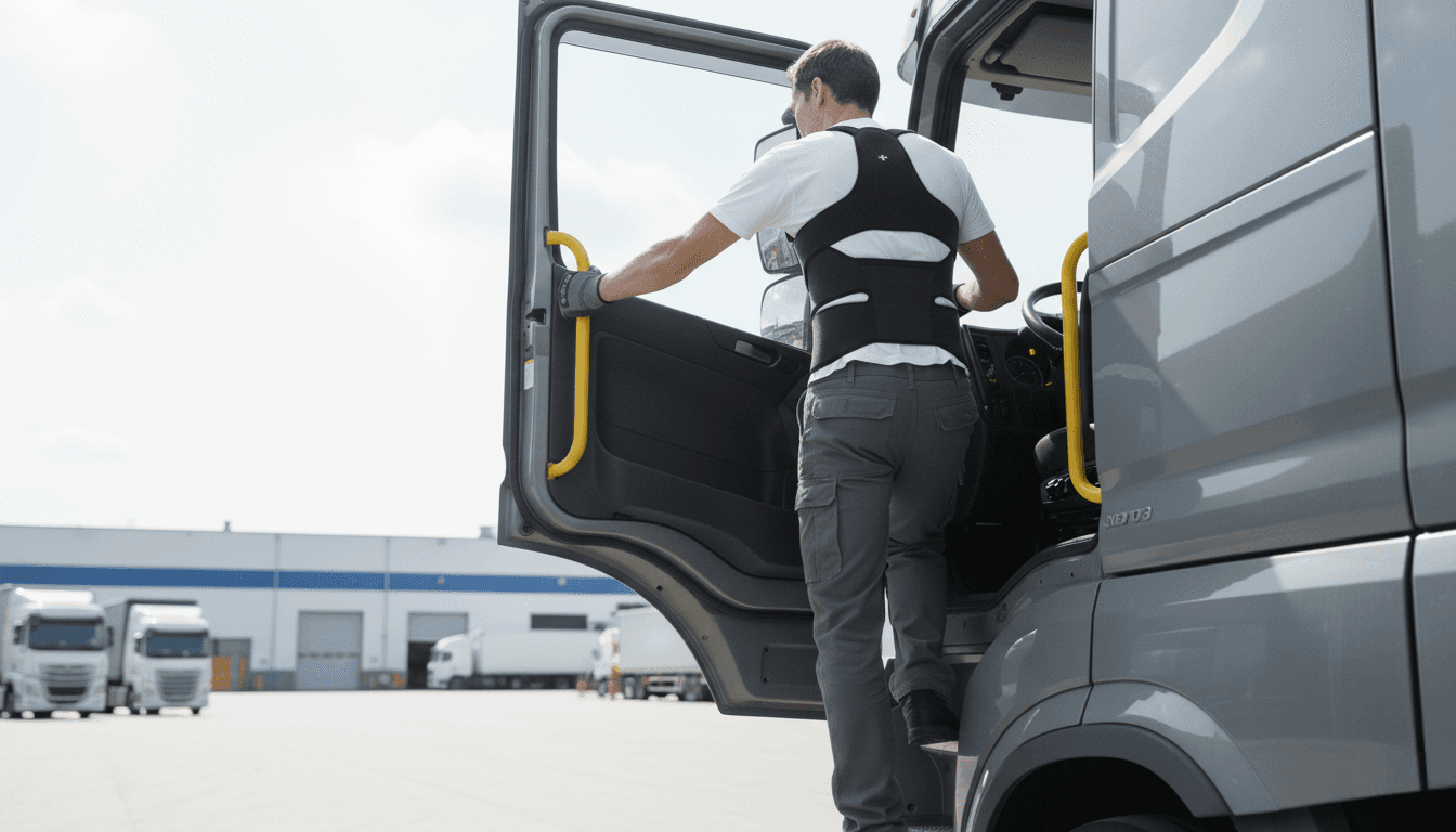 Driver wearing a black back support climbing into the cab of a delivery truck at a logistics site