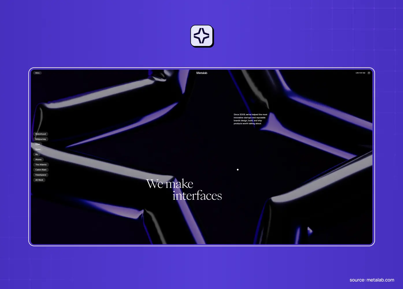 Metalab's modern digital agency homepage with abstract 3D visuals, elegant typography, and a dark aesthetic emphasizing interface design expertise.