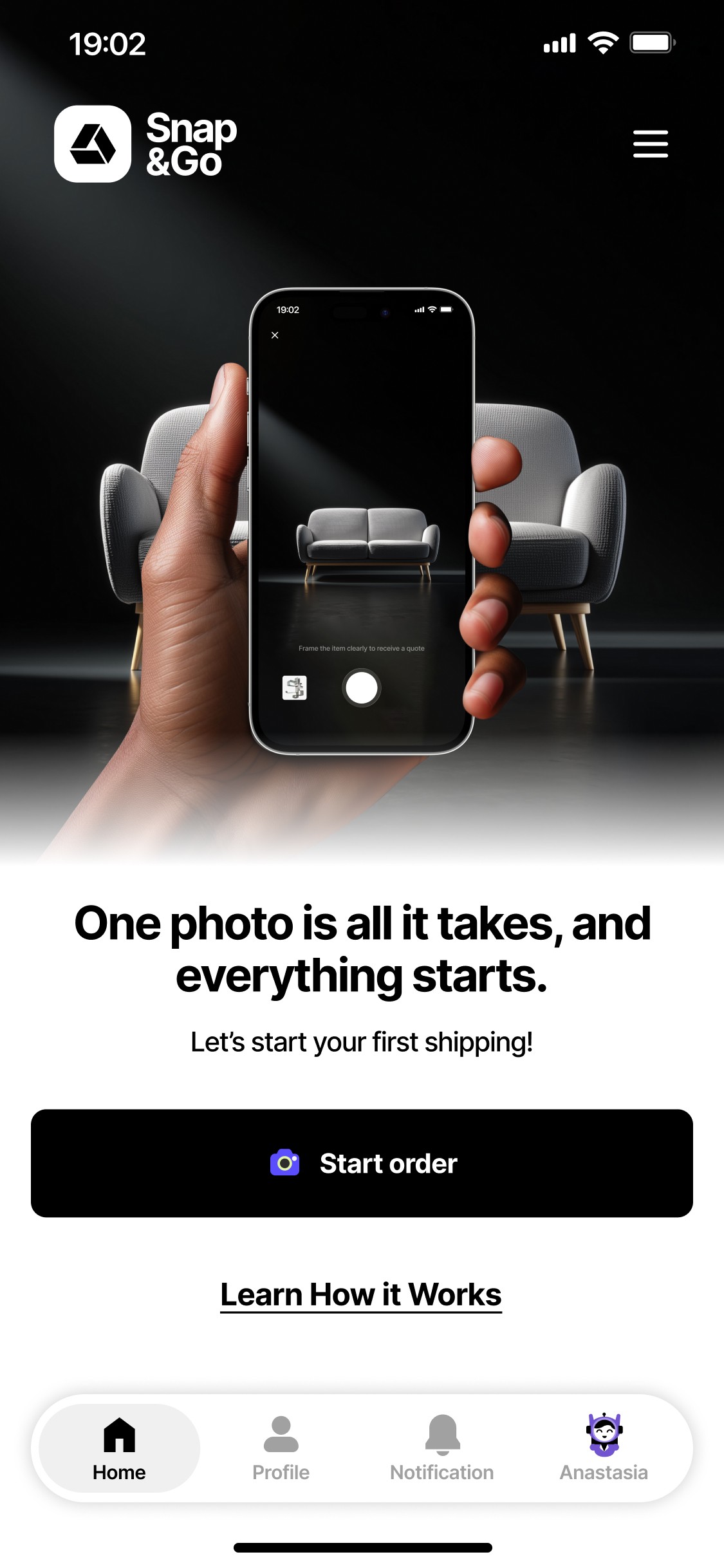 Écran de la page d'accueil de Snap and Go pour les invités/non-utilisateurs