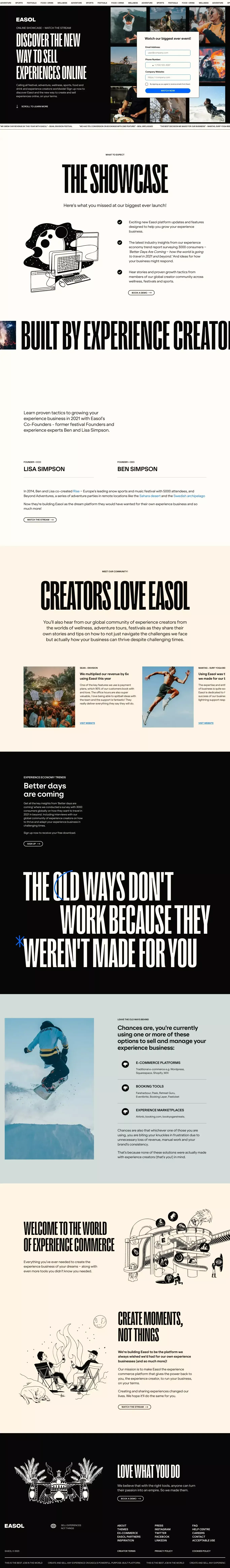 Easol - Watch Our Showcase Stream landing page screenshot showcasing Event and Ecommerce design